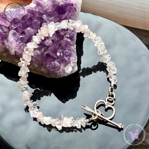 Rose Quartz Chip Bracelet with Silver Heart Toggle Clasp